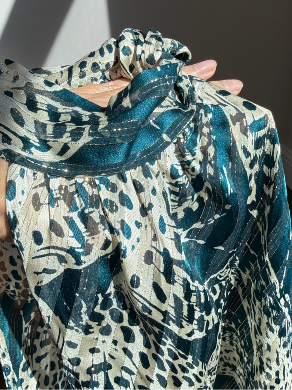 Milly Teal and Cream Metallic-Striped Animal Print Blouse - Picture 6 of 6
